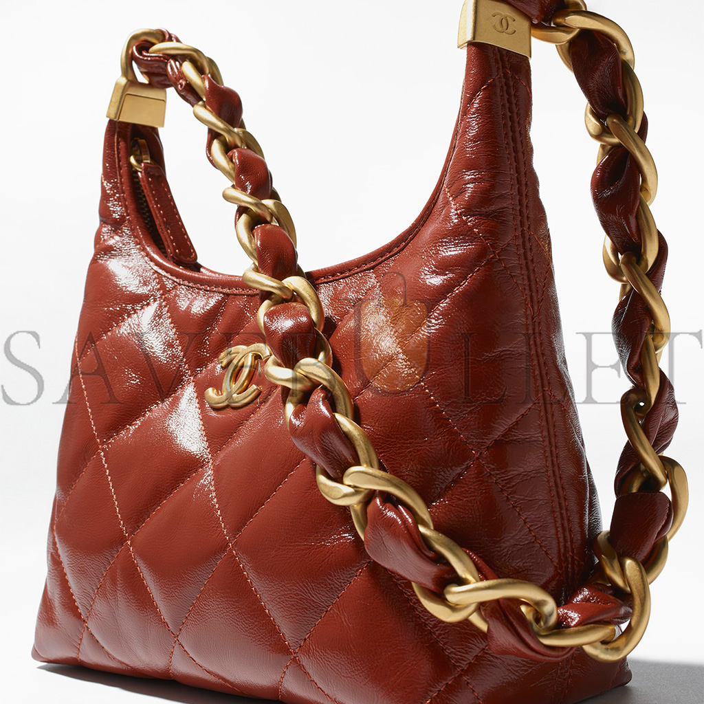 Ch*el master small hobo bag shiny lambskin and golden metallic brown as4922 (22.5*19.5*8.5cm)